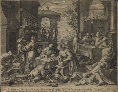 A dúsgazdag falánk az asztalnál és a koldus Lázár a Konyhai jelenetek sorozatból. alkotó: Jan Sadeler